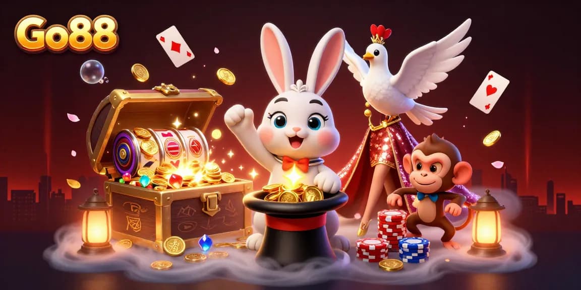 Engage with Go88's magical experience as the magician rabbit reveals golden coins amidst a dynamic casino scene.