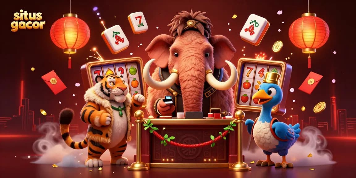 Experience situs gacor in a vibrant casino scene with a woolly mammoth bouncer and exciting gaming elements.