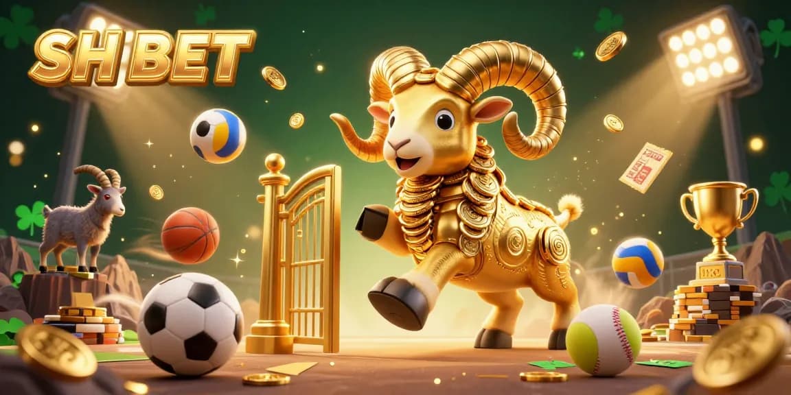Engage with SH BET's vibrant casino scene featuring a golden ram in action with dynamic sports elements.