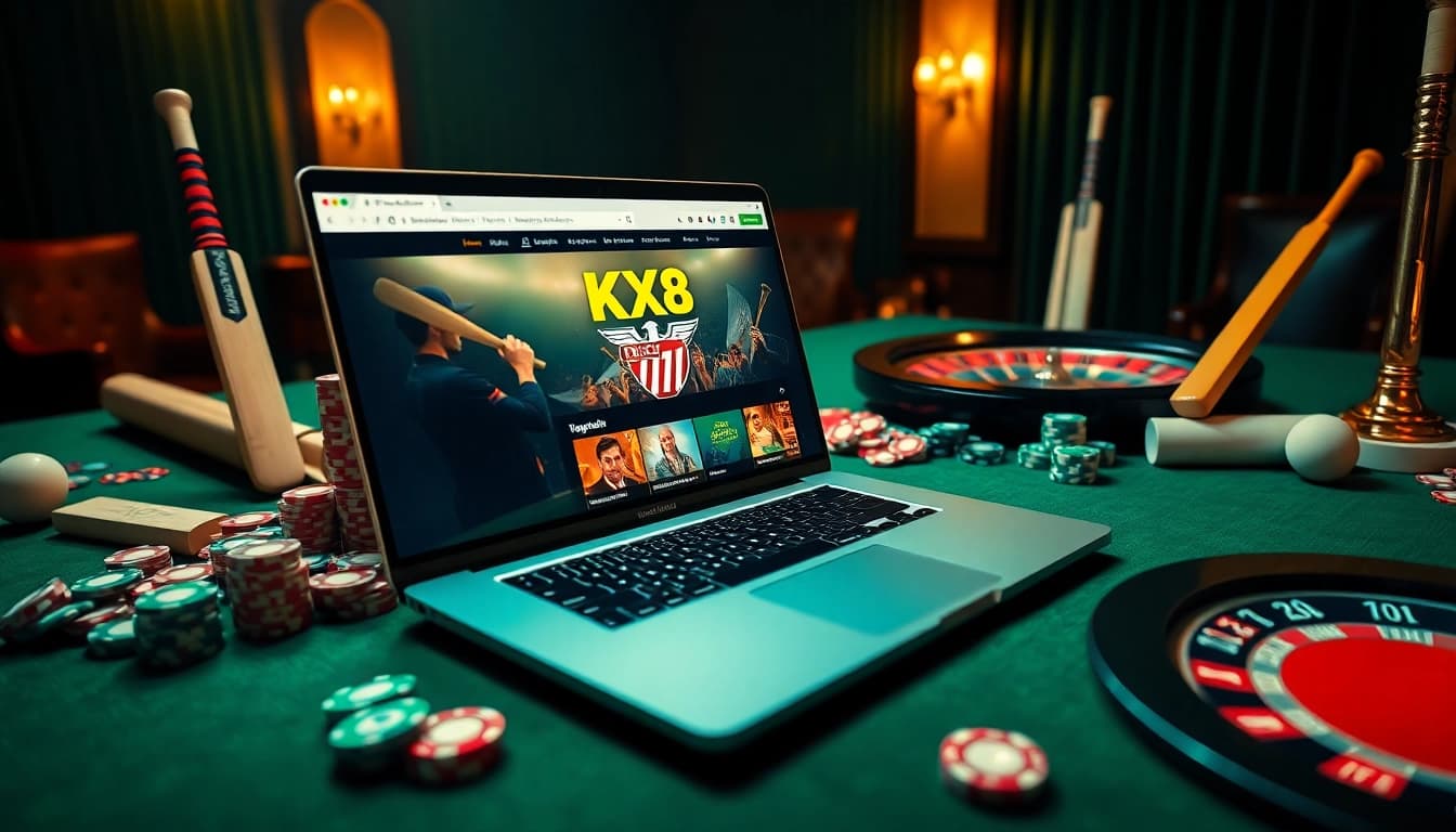 Experience KX8 cricket betting with a luxurious online gambling interface and vibrant poker chips.