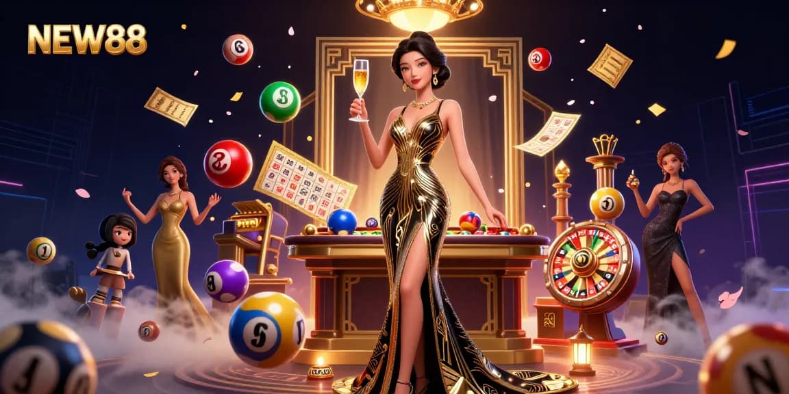 Experience thrilling games with NEW88, featuring vibrant casino elements and an elegant lady in a luxurious setting.