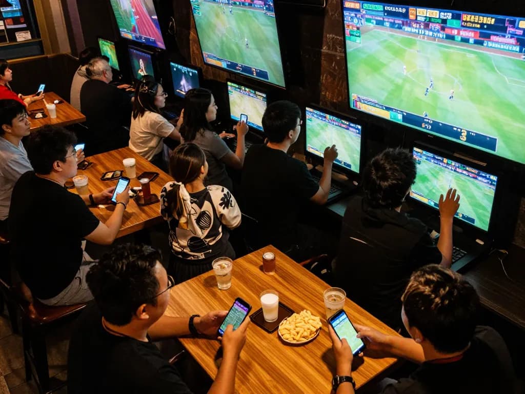 Patrons engaged in thrilling kubet sports betting at lively venue with screens showing live games.