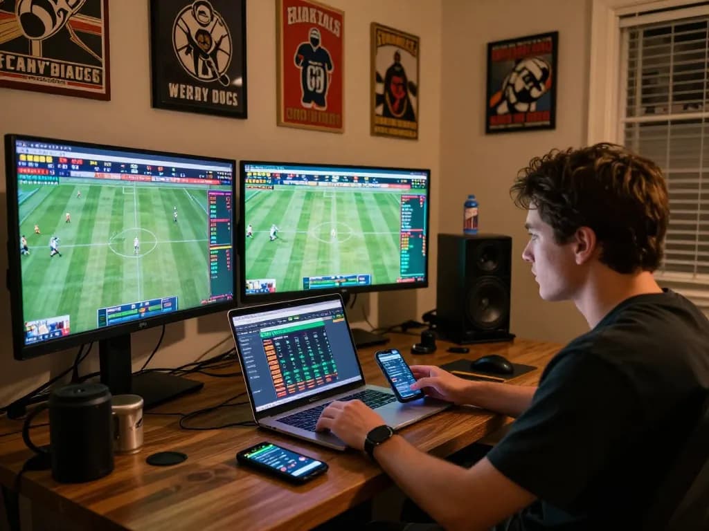 Engaging in a strategic sports betting session while reviewing kèo nhà cái on multiple screens