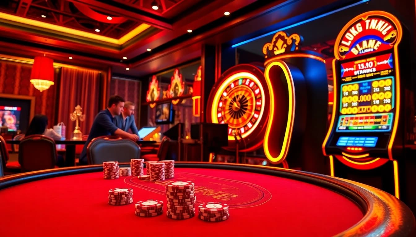 Experience the excitement of lc88 casino gaming with a luxurious poker table and vibrant slot machines.