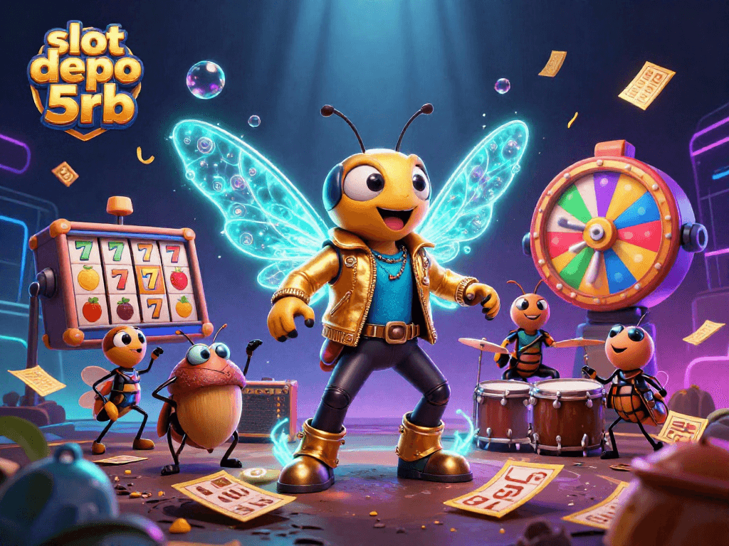 Experience thrilling slot games with slot depo 5rb in a vibrant casino scene featuring colorful characters.
