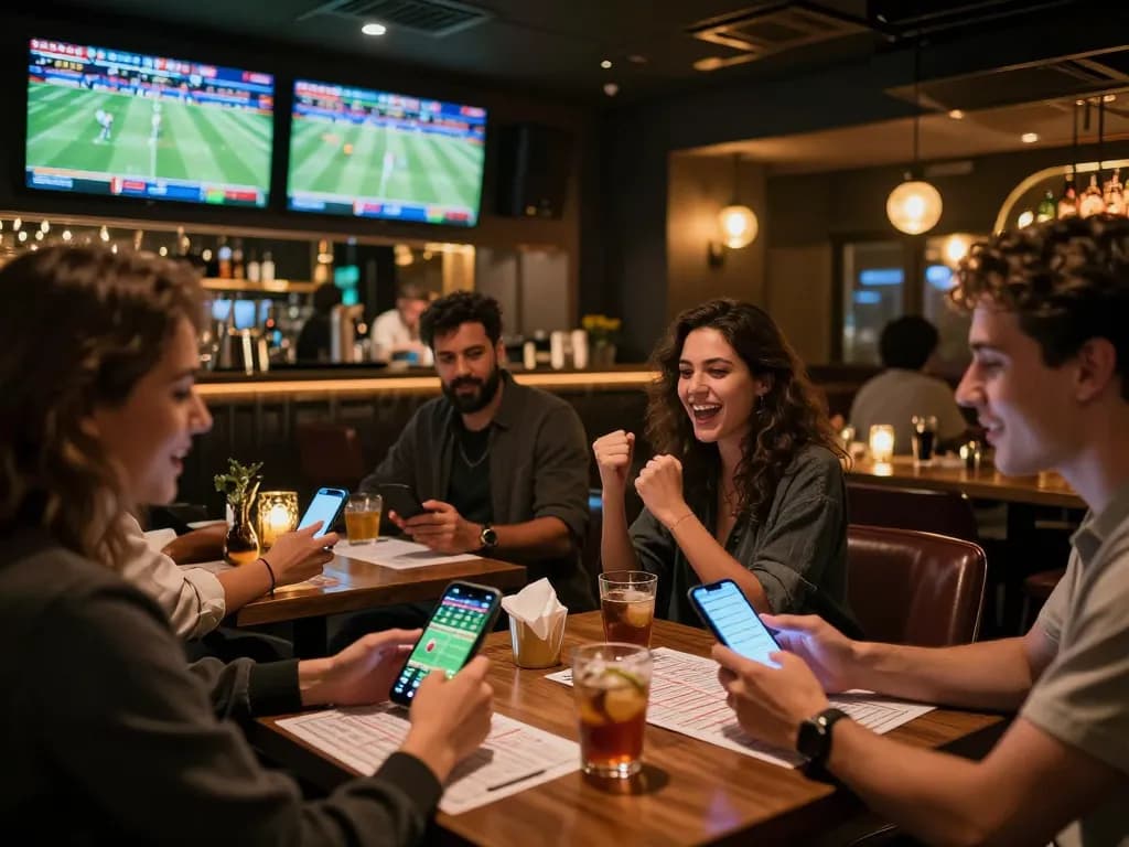Intensely engaging scene of patrons placing bets on tỷ lệ kèo nhà cái 5 in a vibrant sports bar atmosphere