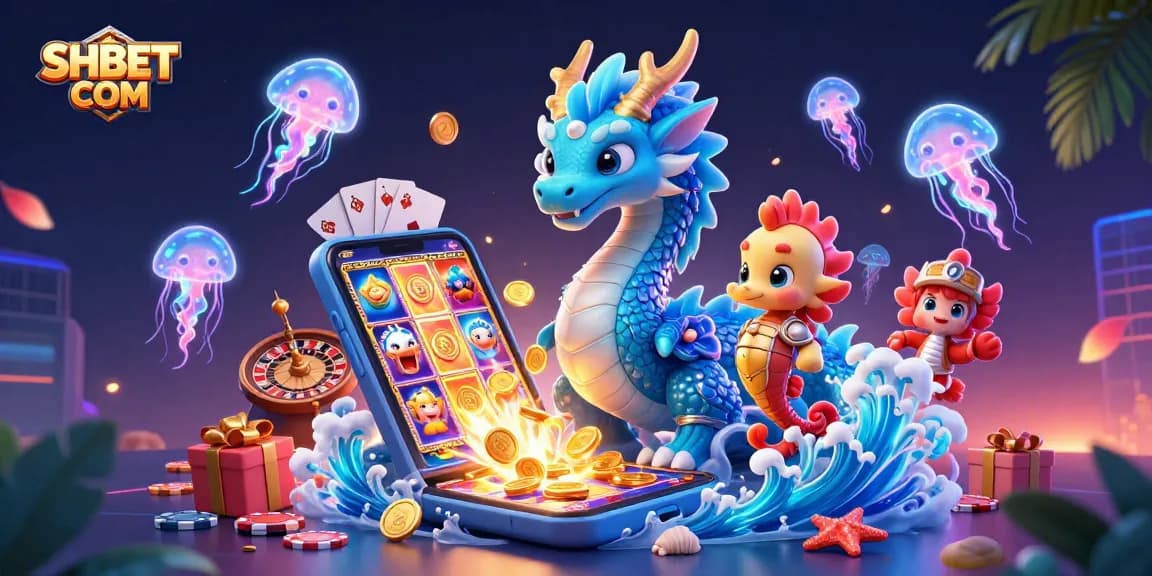 Engage with thrilling games at SHBET COM featuring vibrant 3D illustrations of dragons, gaming elements, and excitement.