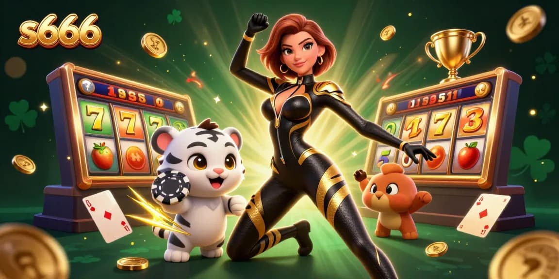 s666 showcases vibrant casino elements featuring a woman in a catsuit and a playful baby tiger.