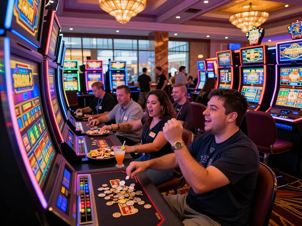 Players celebrating at link slot machines in a vibrant casino atmosphere with colorful lights.