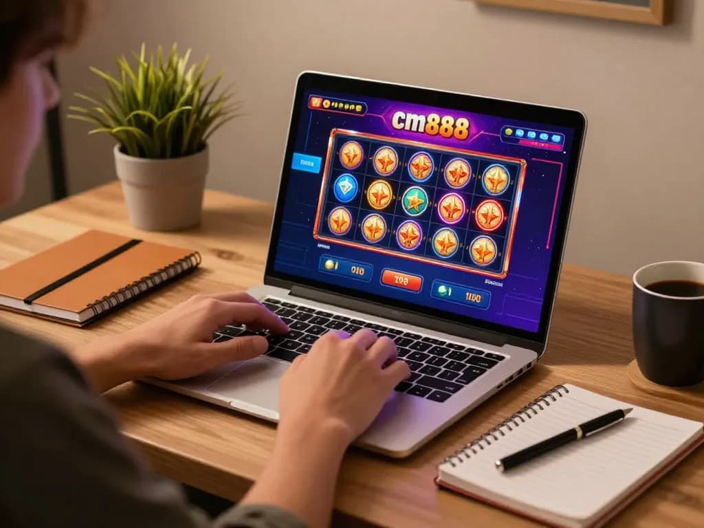 Person gaming on cm888 slots at home, sunny atmosphere with cozy desk setup.