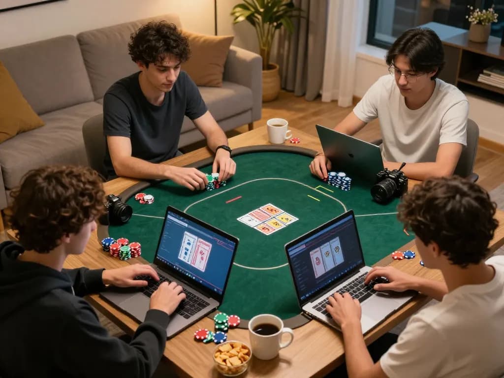 ok365 players engage in an online poker game from a cozy home setup, revealing strategy and excitement.