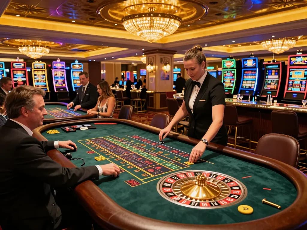 gbong players engaging in roulette strategies at a luxurious casino table illuminated by vibrant lights