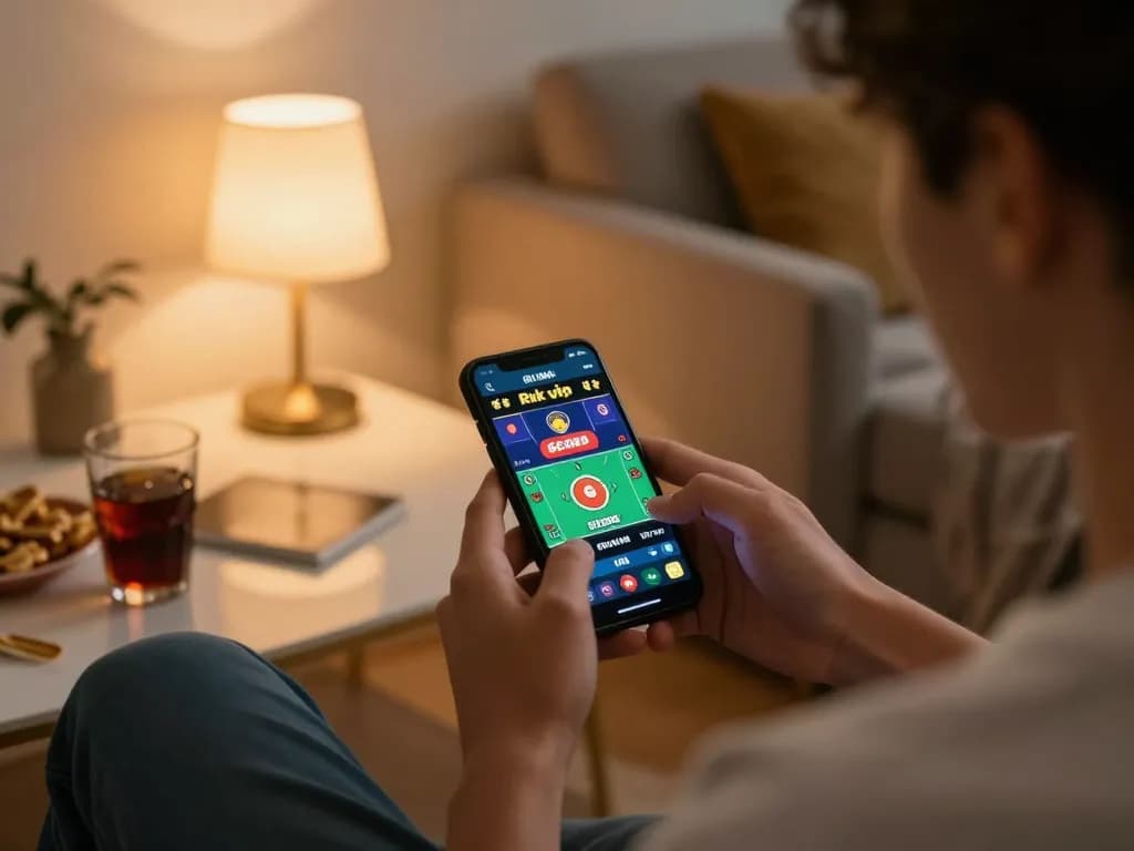 Player engaged with Rik vip casino app on smartphone, enjoying a cozy home gaming experience.