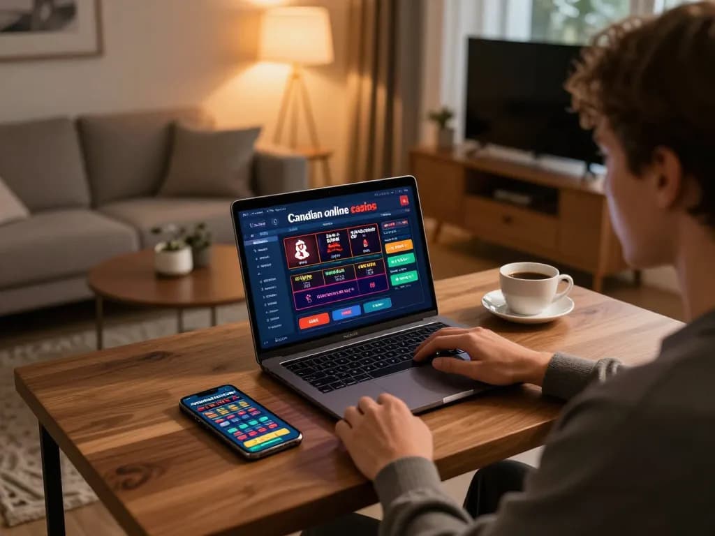 Explore reputable Canadian online casinos through a relaxed home gaming setup featuring a laptop and smartphone.