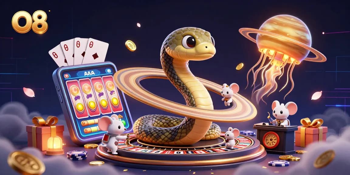 O8 players engage in exciting bets with cosmic dealer in an animated casino adventure.