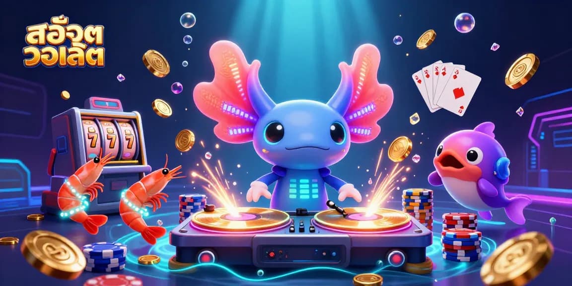 Experience thrilling slot action with สล็อตวอเลท, featuring vibrant axolotl DJ and glowing casino elements in an underwater casino