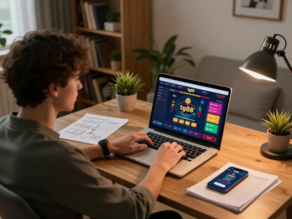 Player engaging with tg88 online casino platform on laptop while strategizing