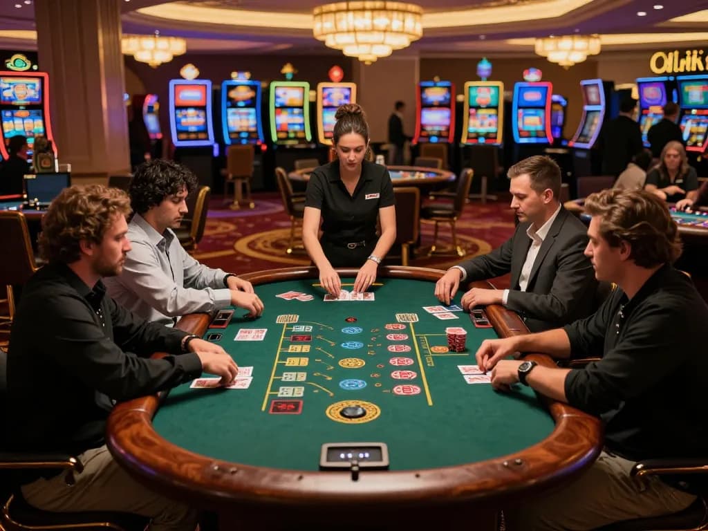 Players engaged at a z16 blackjack table in an upscale casino, focusing on strategic gameplay.