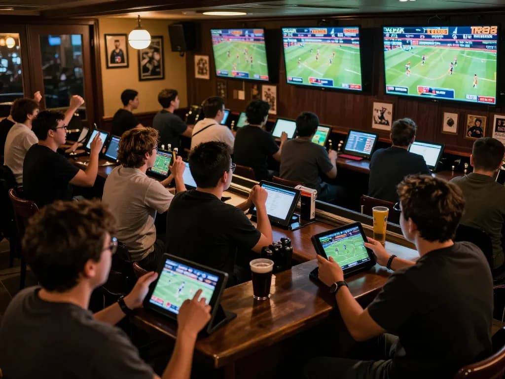 Betting on sports at TR88 with excited fans analyzing odds and cheering in a lively bar atmosphere.
