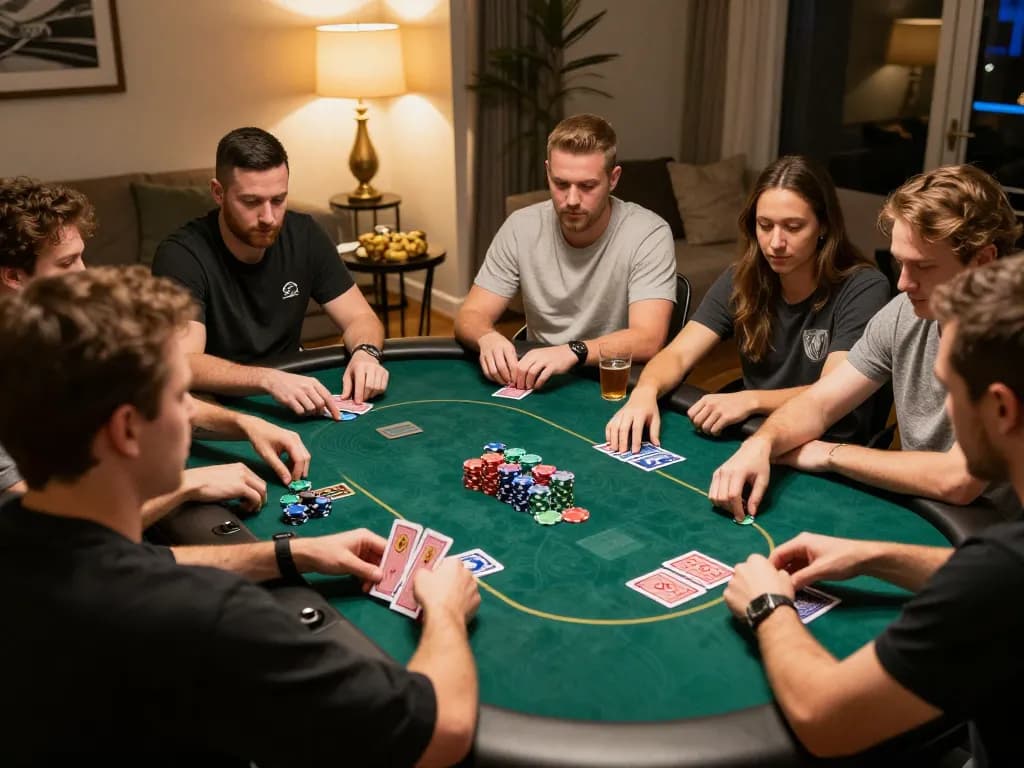 GG88 players engaging in an intense poker game, chips and cards visible, showcasing strategic gameplay.