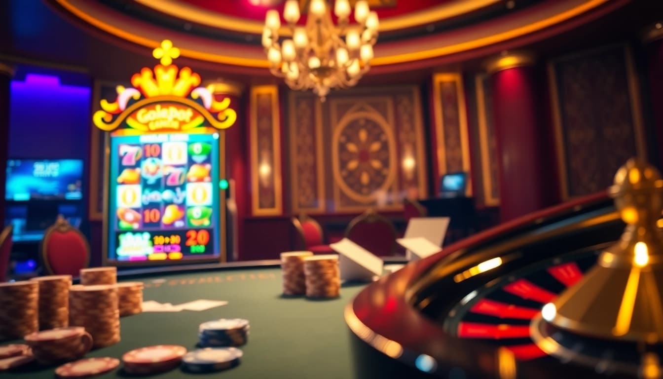 Engaging gamblers at the gojekpot-themed slot machine amidst a luxurious casino backdrop.