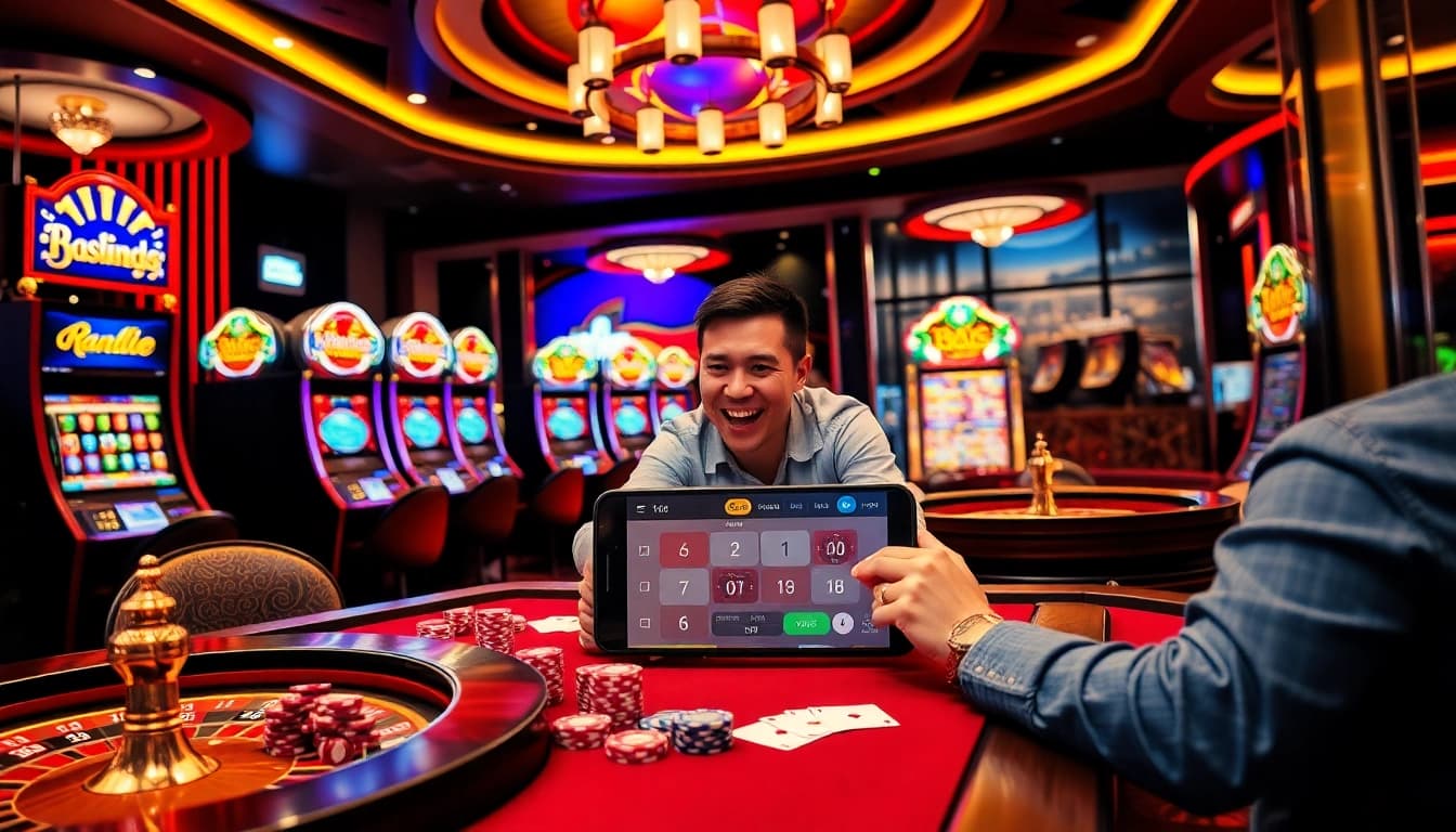 Experience 바이낸스 회원가입 at a luxurious casino table with vibrant slots and excited players.