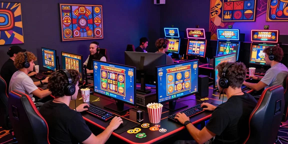 Gamers enjoying new online casinos experience with vibrant screens and gaming gear.