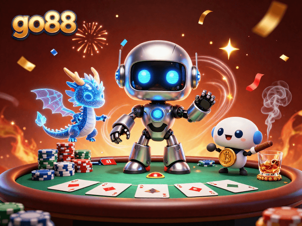 Players delight in go88's lively poker scene with colorful chips and dynamic characters.
