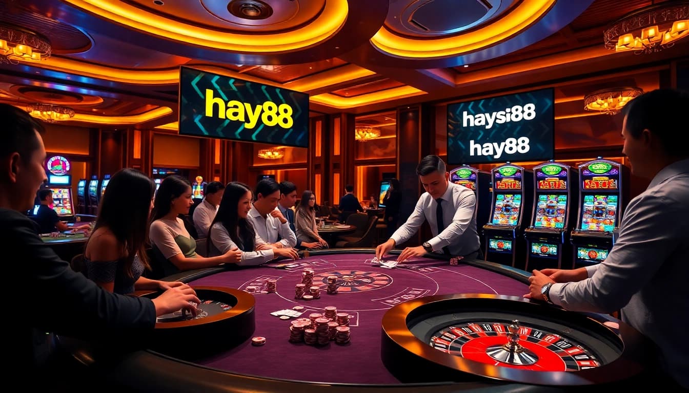 Experience the thrill of winning at hay88 with an elegant casino table setup and engaged players.