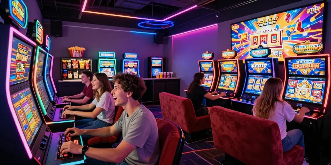 Exciting group playing bonus buy slots in a vibrant gaming lounge.