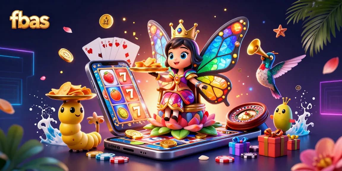 Experience exhilarating gaming at fbas with vibrant 3D illustration of a casino scene featuring a butterfly queen.