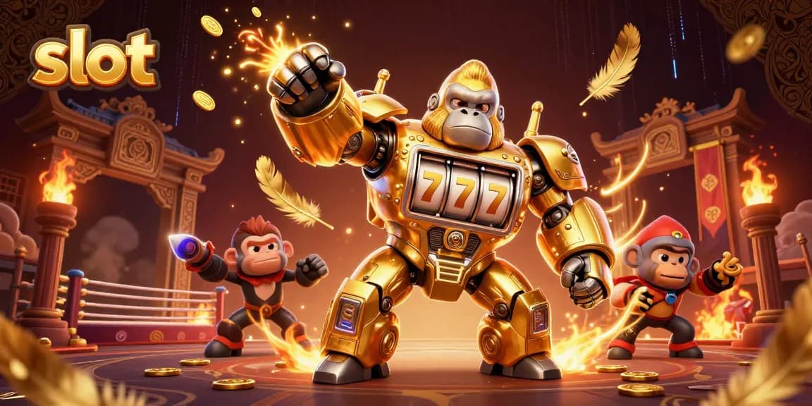Meningkatkan pengalaman bermain slot dengan ilustrasi karakter gorila emas futuristik yang terbuat dari bagian mesin slot, dan kisaran elemen perjudian.