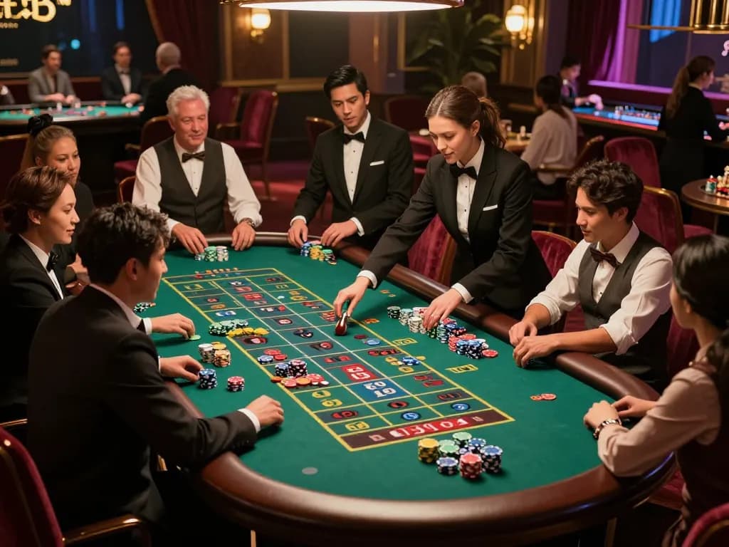 Situs toto meja roulette dengan pemain yang memasang taruhan dan dealer memutar roda dalam suasana kasino yang semarak