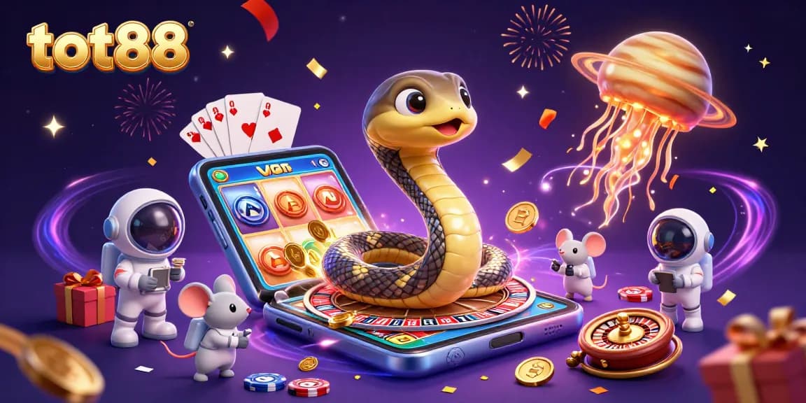 Experience the thrill of betting at tot88 with a cosmic casino scene featuring a Saturn snake and astronaut mice.