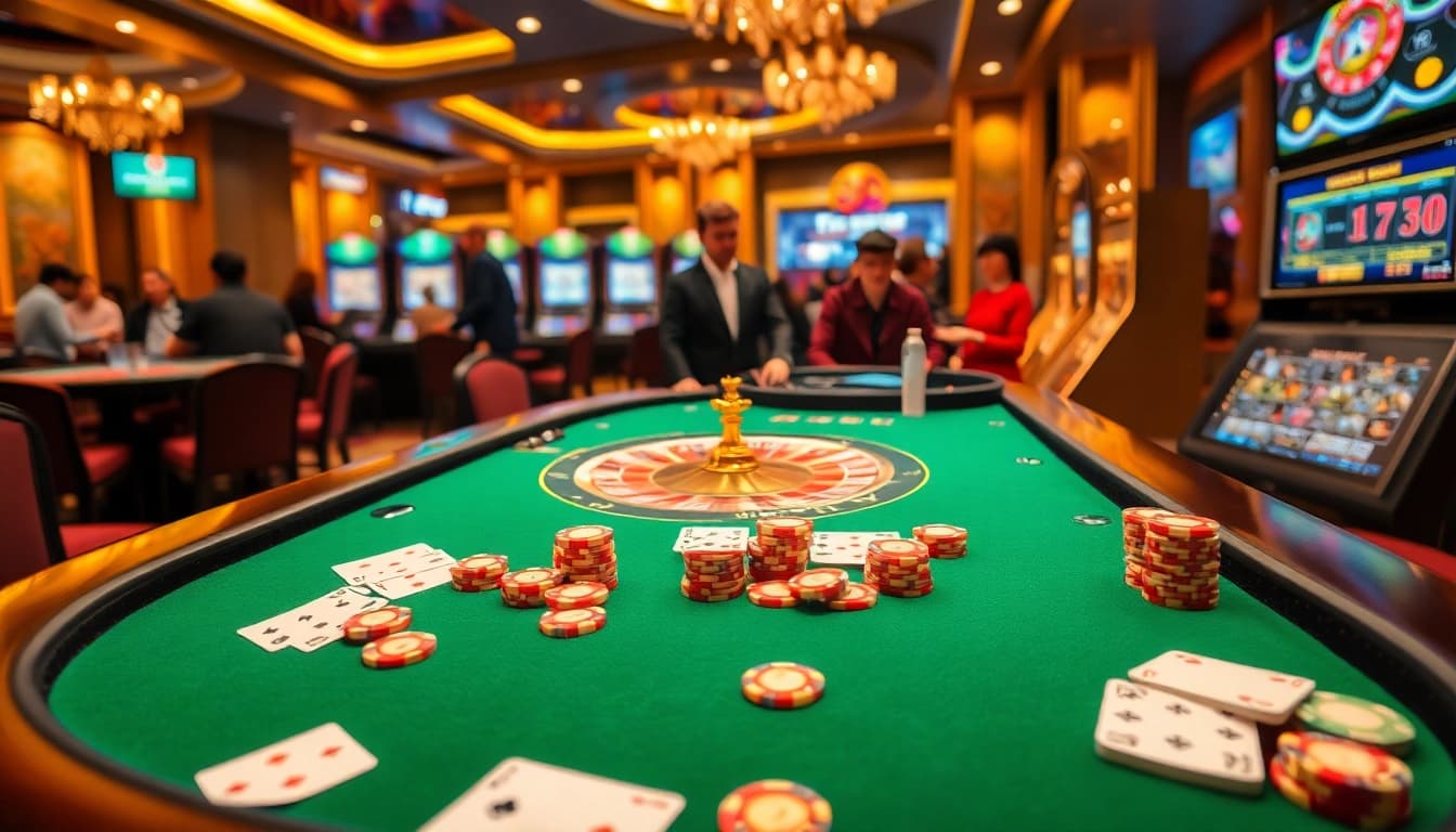 Engage in thrilling gameplay at the 777vip casino, featuring vibrant gaming tables and slot machines.