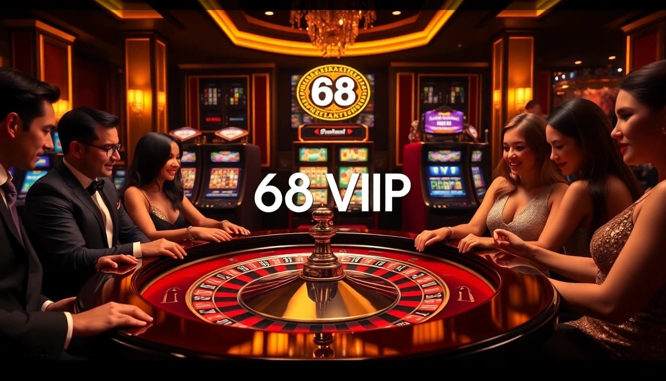 Players engaged in thrilling casino action at 68VIP with roulette and poker chips sparkling.