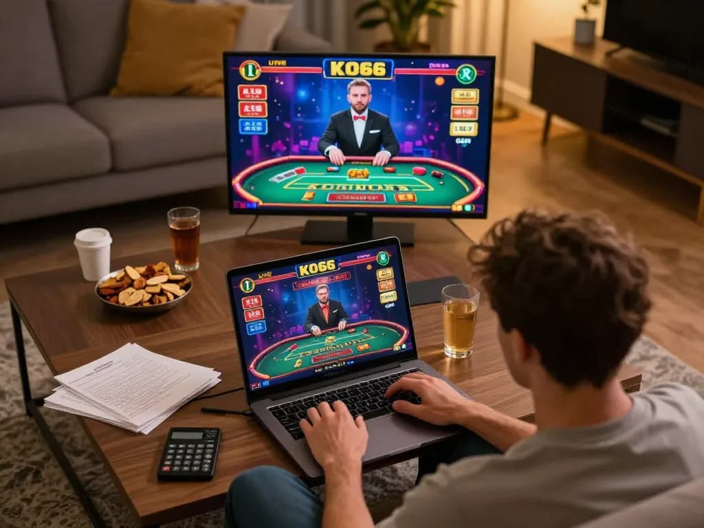 Engaging in Casino live KO66 online gaming with a live dealer while enjoying a cozy home setting.