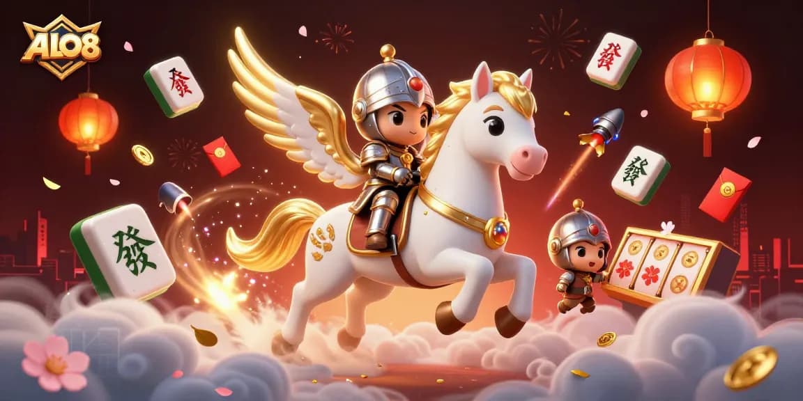 Join the adventure at ALO8, featuring a mythical scene of a celestial horse galloping through a vibrant casino atmosphere.