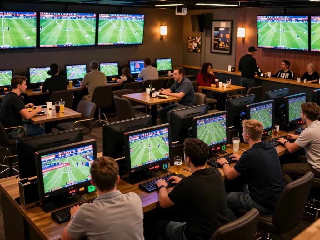 Engaged bettors excitedly placing wagers at a trang cá cược bóng đá lounge with multiple screens.