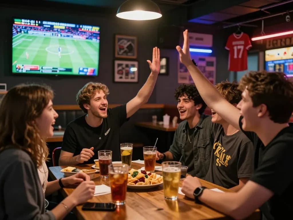 Teman-teman merayakan di bar olahraga sambil bertaruh di sbobet95.