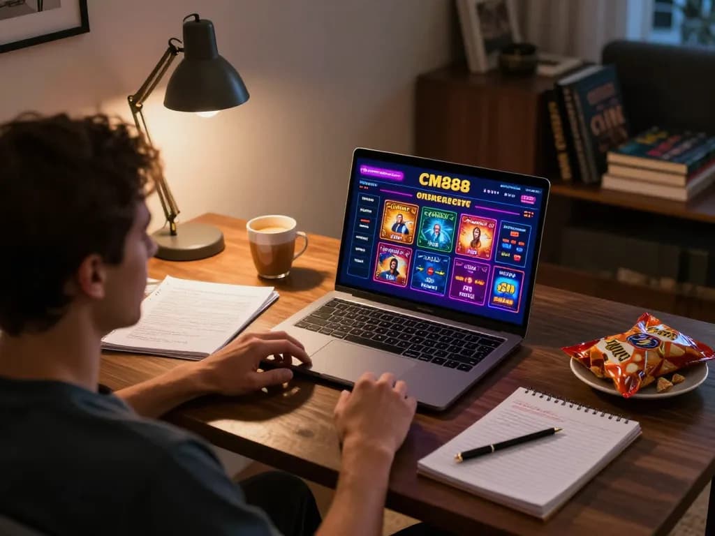 Engaging online gaming session at CM888 with player analyzing strategies and betting options