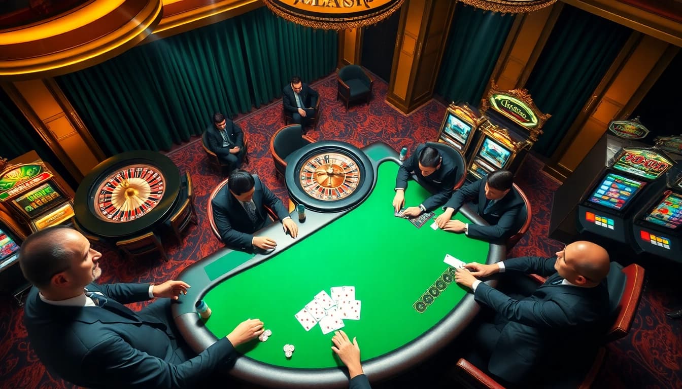 Experience intense gaming action at Hello88, showcasing poker strategies amidst vibrant casino excitement.