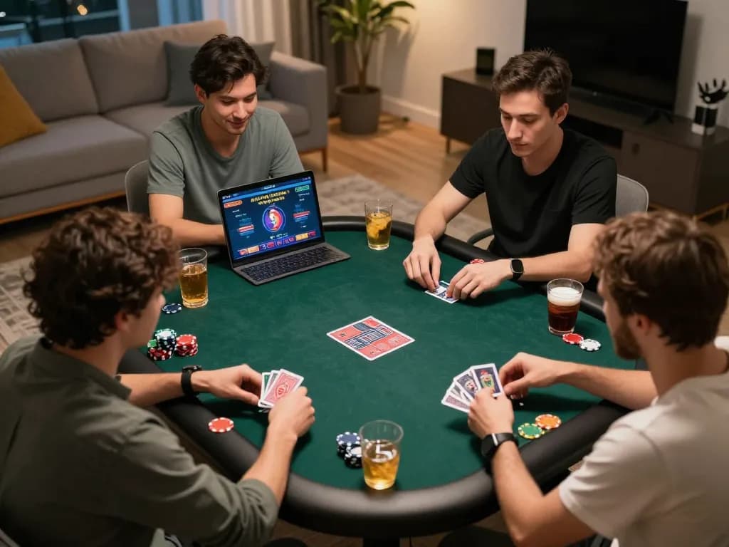 Players engaging in a thrilling poker game at home, showcasing 98win com gaming apps and strategies.