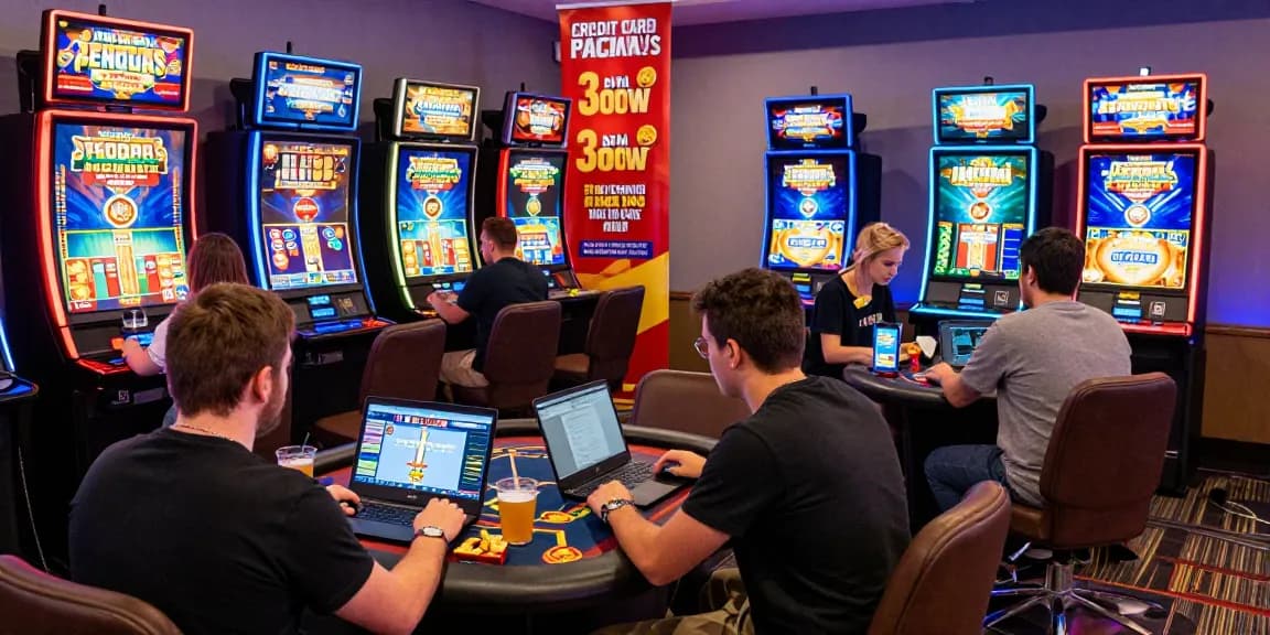 Friends enjoying gaming experience at lively credit card casinos with vibrant slot machines and bonuses
