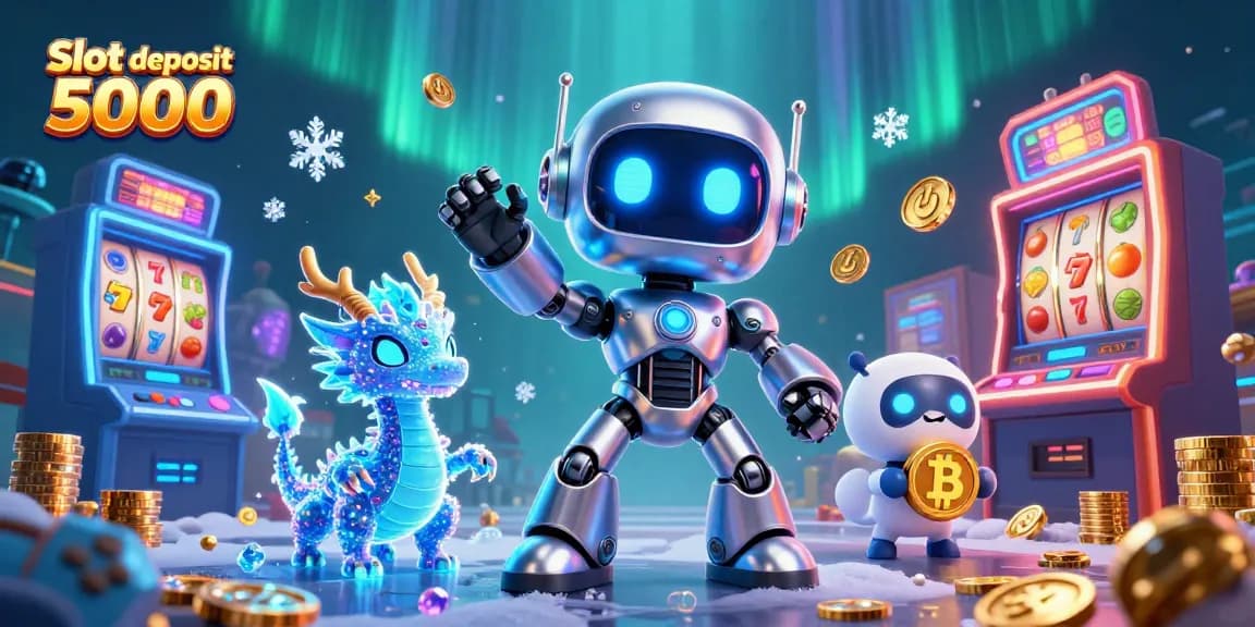 Experience excitement at Slot deposit 5000 with animated slot machines, coins, and digital companions.