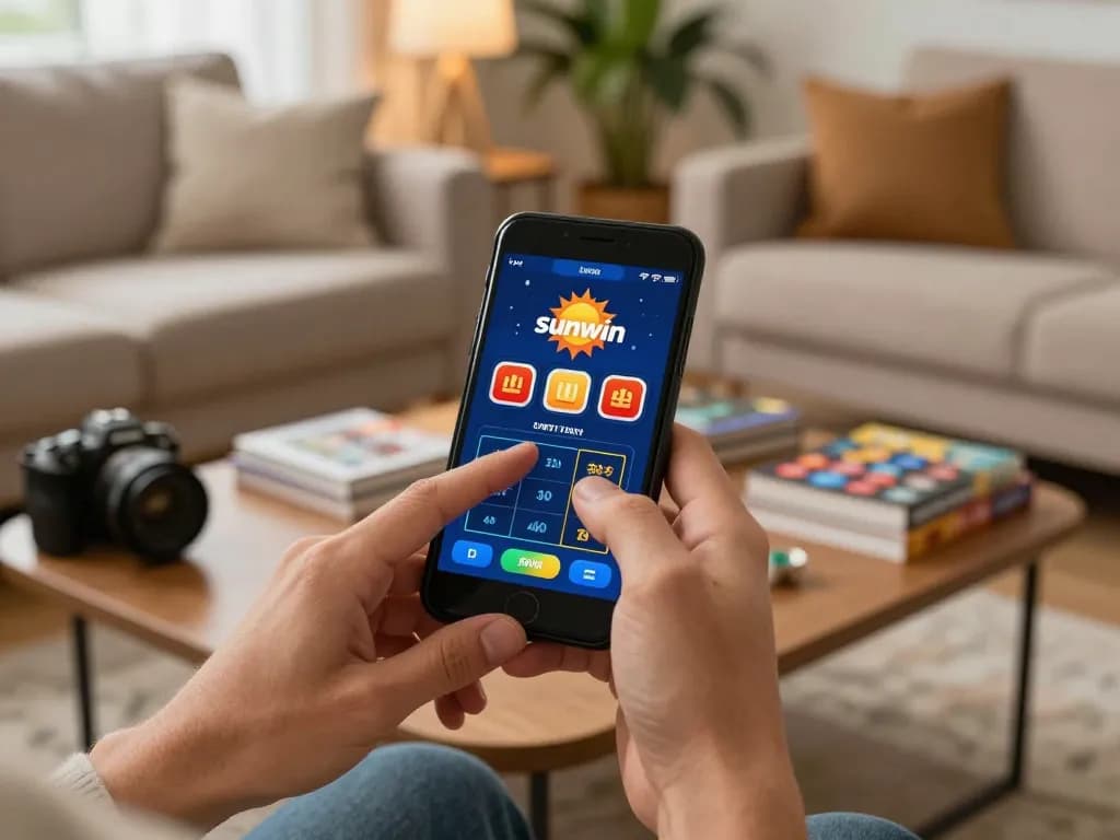 Player engaging with the sunwin app for online betting on a cozy living room sofa.