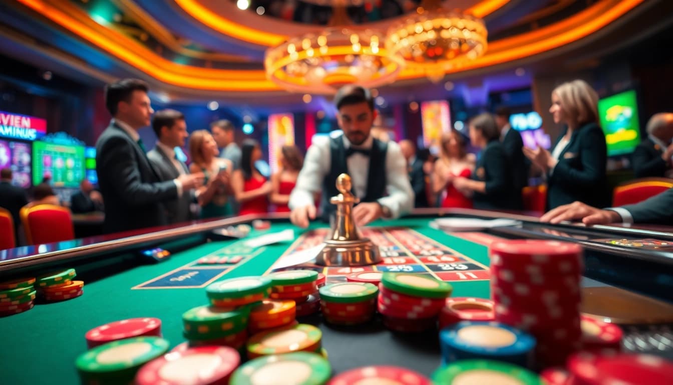 Engaging scene at a casino featuring a dealer, roulette table, and colorful chips