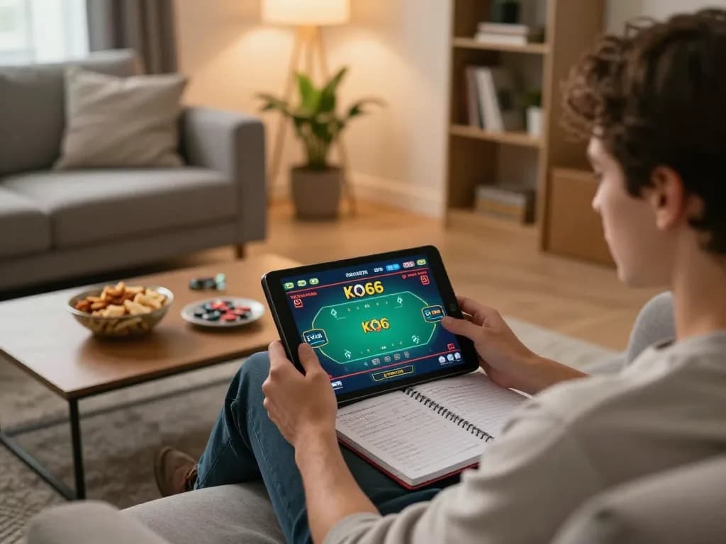 Engaging in KO66 online poker gameplay on a tablet in a cozy living room setting.