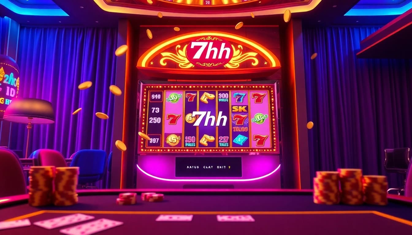 Experience the thrill of winning at the 7hh virtual slot machine surrounded by vibrant casino elements.