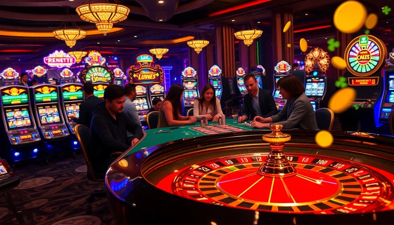 Experience thrilling gameplay at the luck 8 casino, featuring vibrant roulette and poker tables.